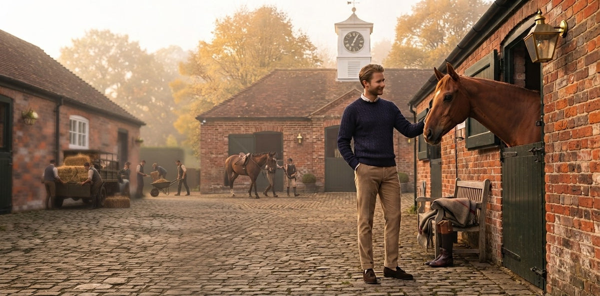 Man in a navy cable-knit sweater with a horse at an English country stable