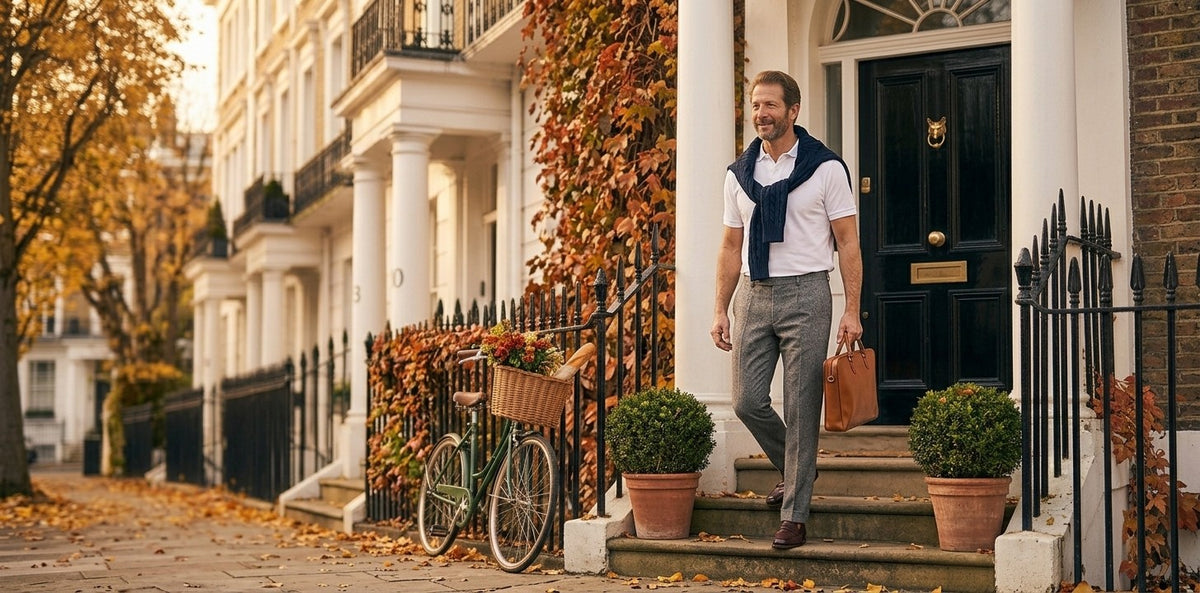 Man in a white polo with a navy sweater over his shoulders outside a London townhouse